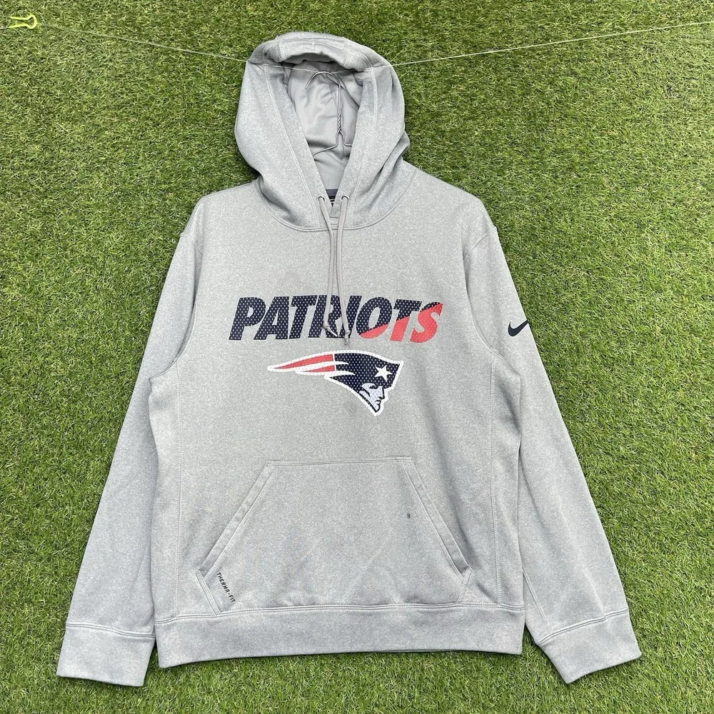 Nike New England Patriots Hoodie Mens Small Therma-Fit Grey NFL Sweatshirt